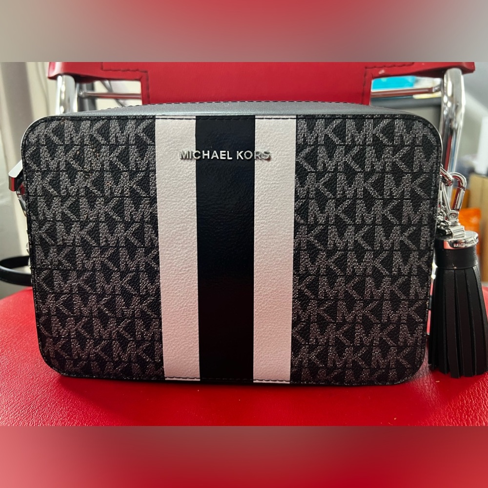 Michael Kors Ginny Metallic Logo Stripe Crossbody Bag
